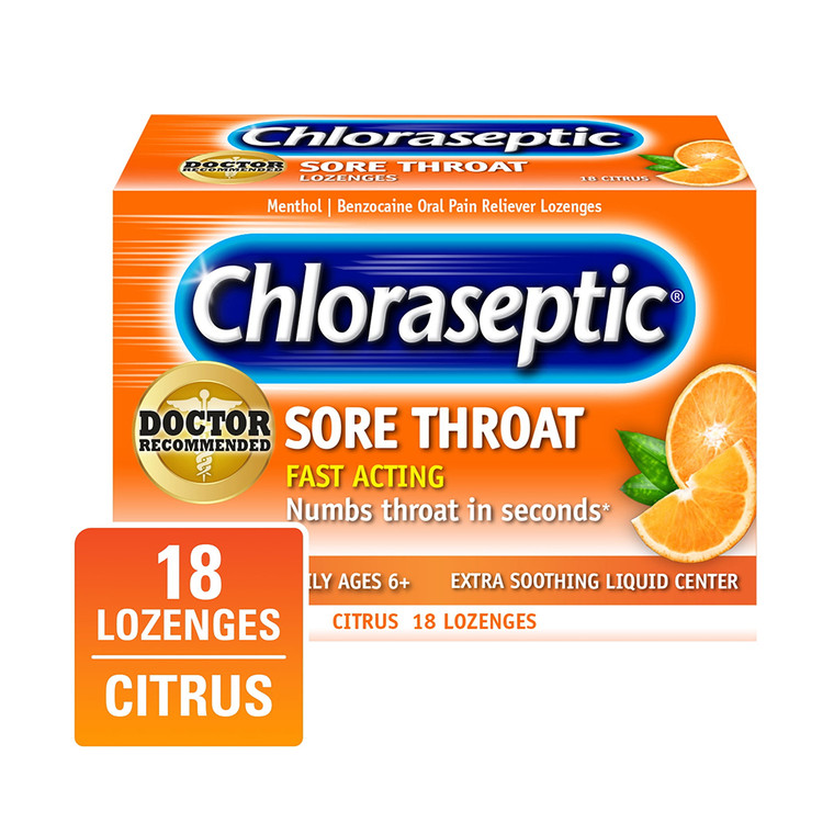 Chloraseptic Sore Throat Fast Acting Numbing Relief Extra Soothing Liquid Center Relieves Pain and Cools Nasal Passages Citrus Flavor Lozenges 18Ea