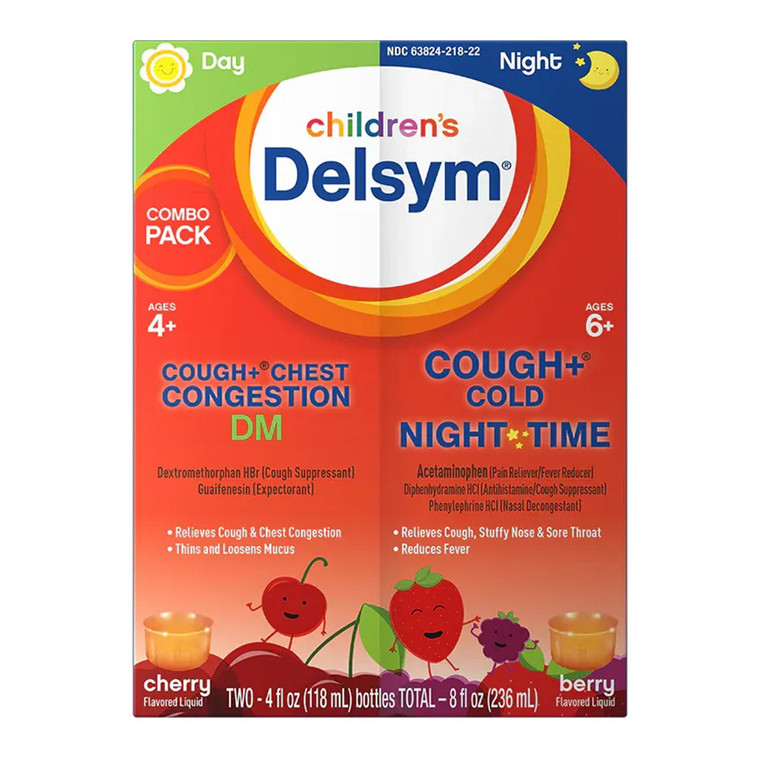 Delsym Childrens Cough Plus Chest Congestion Cough Relief Day and Night Cherry and Berry Flavor Combo Pack 4Oz (118ml)