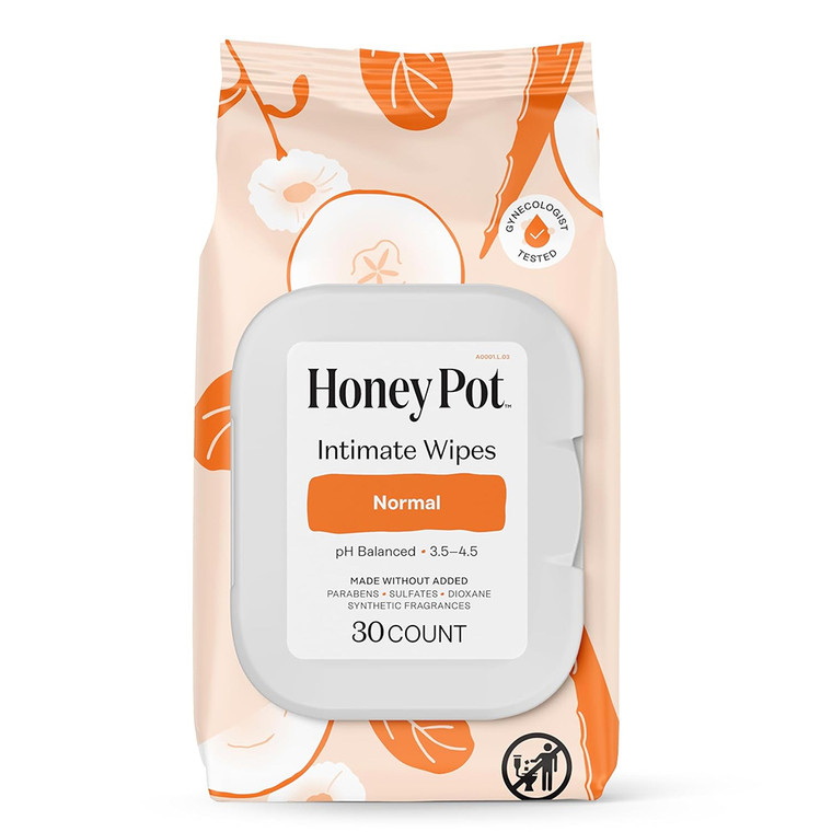 The Honey Pot Company Normal Intimate Wipes for Intimate Parts Body and Face Gentle Cleansing and Freshness 30Ea