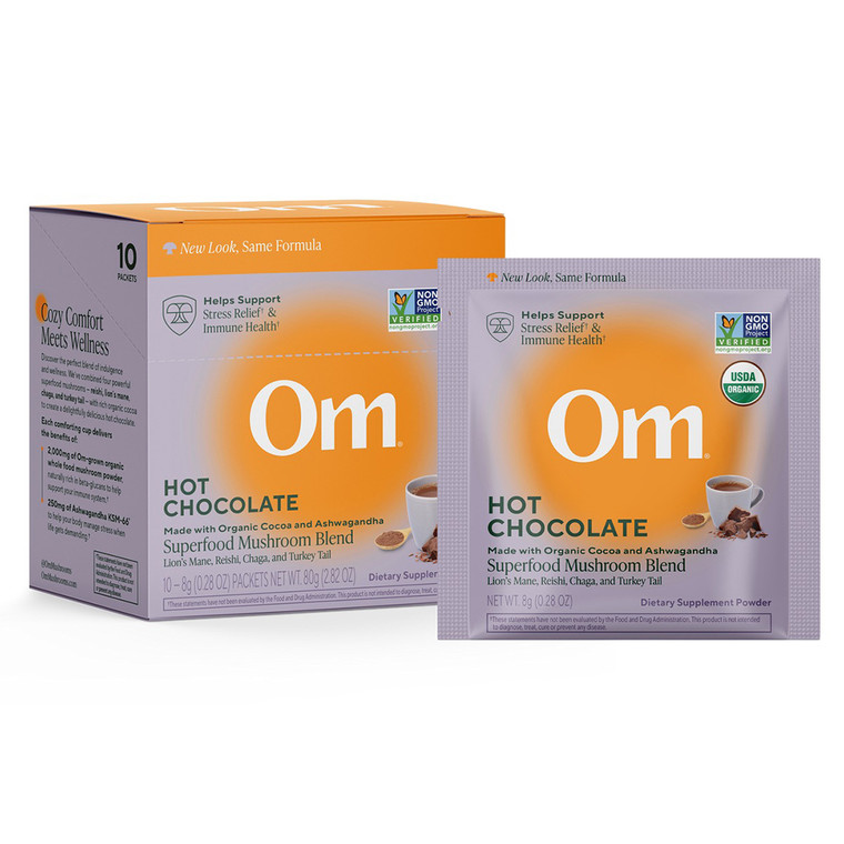 Om Superfood Mushroom Powder Hot Chocolate Blend Support Immune and Stress Relief 10Ea
