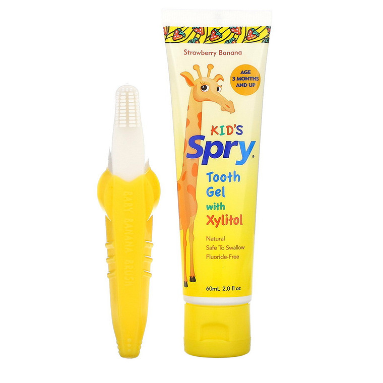 Spry Xlear Banana Brush and Tooth Gel with Xylitol Kit, Strawberry Banana, 2 Oz