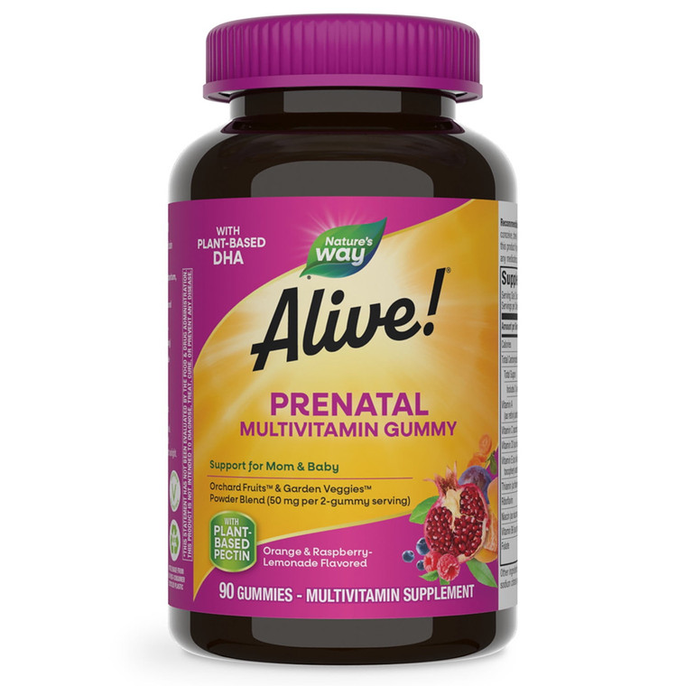 Natures Way Alive Prenatal Multivitamin with Plant Based DHA Gummies Orange Raspberry and Lemonade Flavor 90Ea
