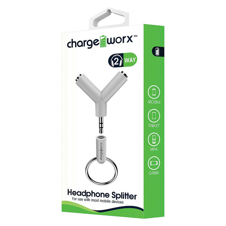 Chargeworx 2 Way Headphone Splitter White Connect up to 2 headphones on One Device 1Ea