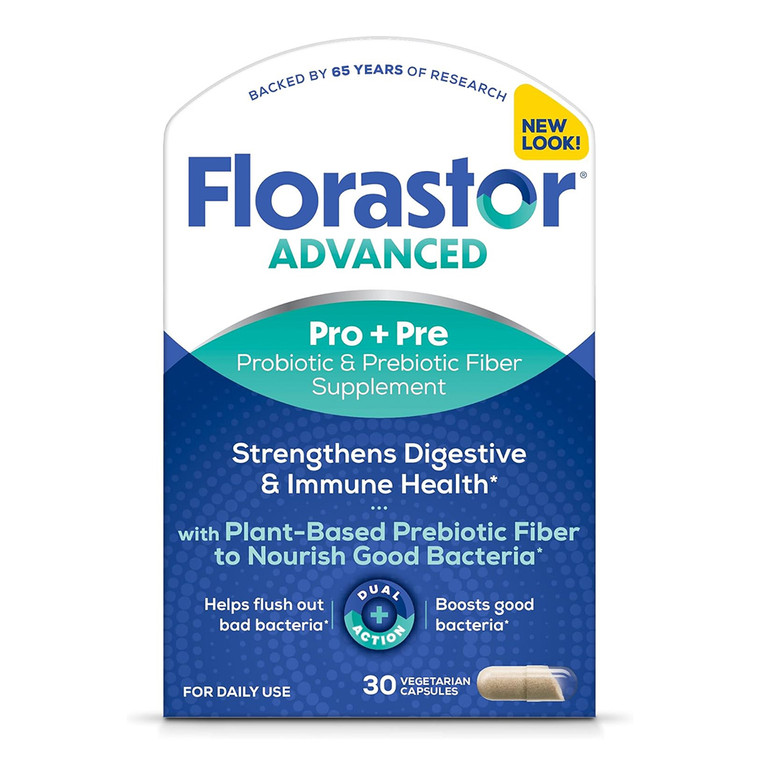 Florastor Advanced Pro and Pre Probiotic and Prebiotic Fiber Supplement Vegetarian Capsules 30Ea