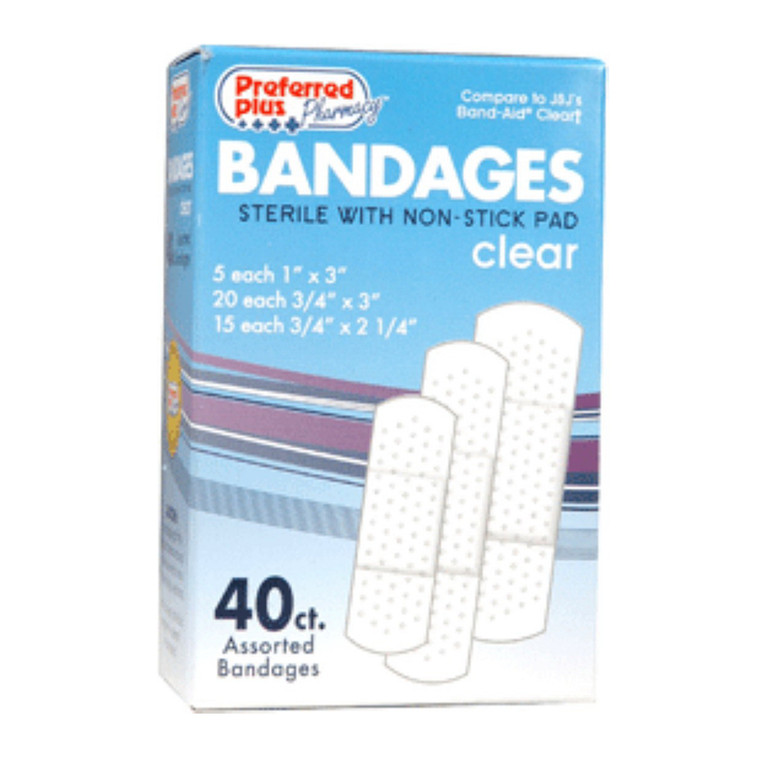 Preferred Plus Bandages Clear Sterile with Non-Stick Pads, Assorted Size, 40 Ea