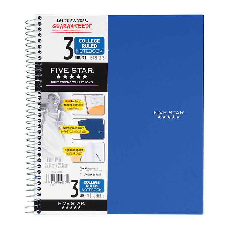Five Star Wirebound 3-Subject Notebook, College Ruled, Color Choice Will Vary (11195)
