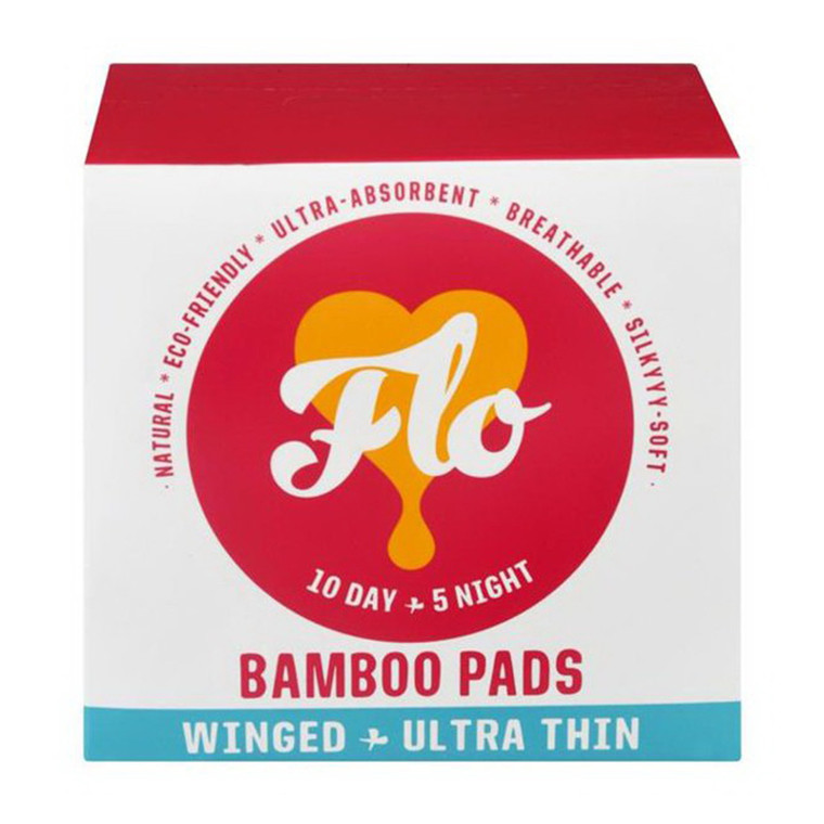 FLO Organic Bamboo Pads Natural non-GMO Comfort Cotton Eco-Friendly, 15 Count