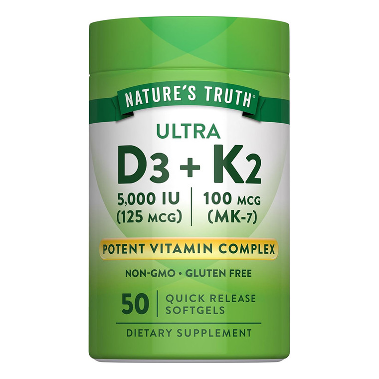 Natures Truth Ultra Vitamin K2 100mcg 5000IU Gluten Free Softgels Support Bone and Cardiovascular Health 50Ea
