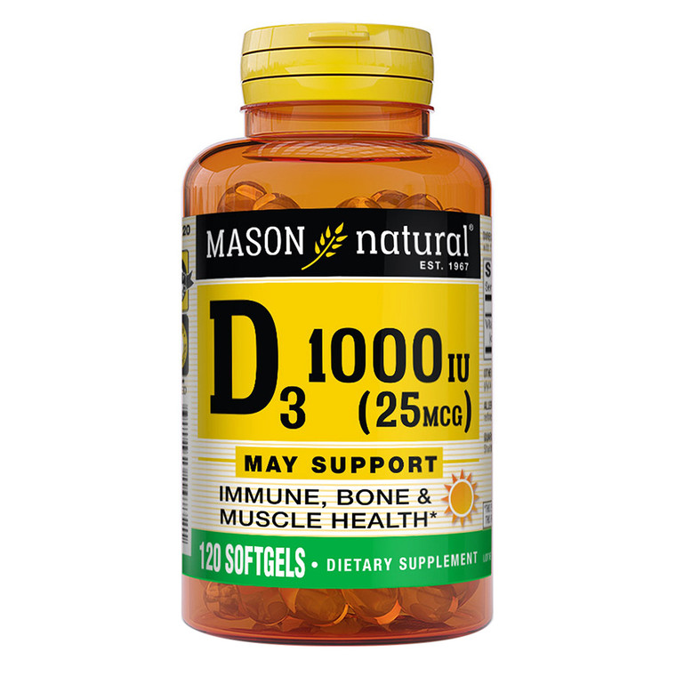 Mason Natural Vitamin D3 1000 IU 25mcg Softgels Support Strengthens Bones and Muscles 120Ea