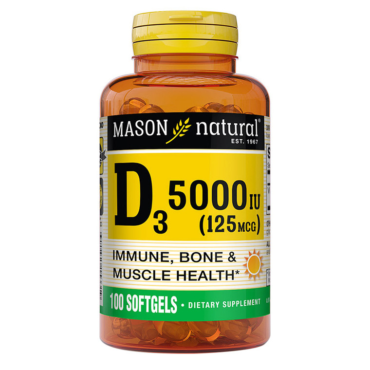Mason Natural Vitamin D3 5000 IU Fish Liver Oil Softgels Support Bones and Muscles 100Ea