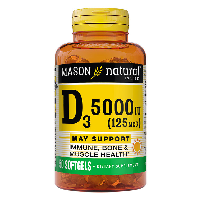 Mason Natural Advanced Vitamin D3 5000 IU Fish Liver Oil Softgels Support Bones and Muscles 50Ea