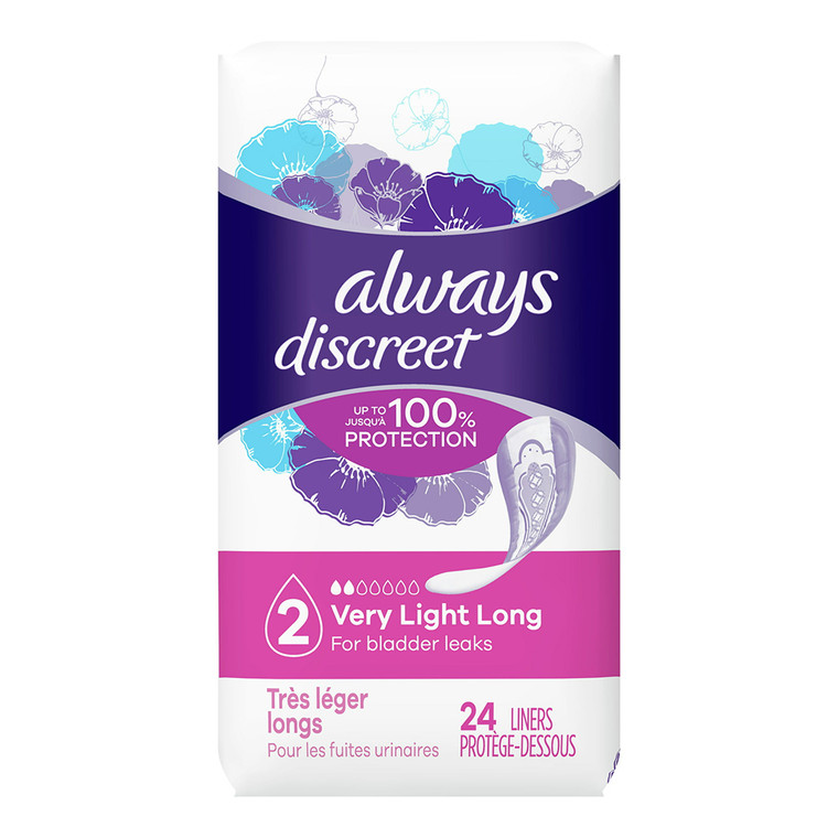 Always Discreet Incontinence Liners Very Light Absorbency, Long Length, 24 Ct
