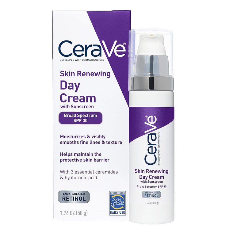 Cerave Skin Renewing Day Cream with Sunscreen SPF 30 Anti Aging Cream Reduce Fine Lines and Wrinkles 1.76Oz (50g)