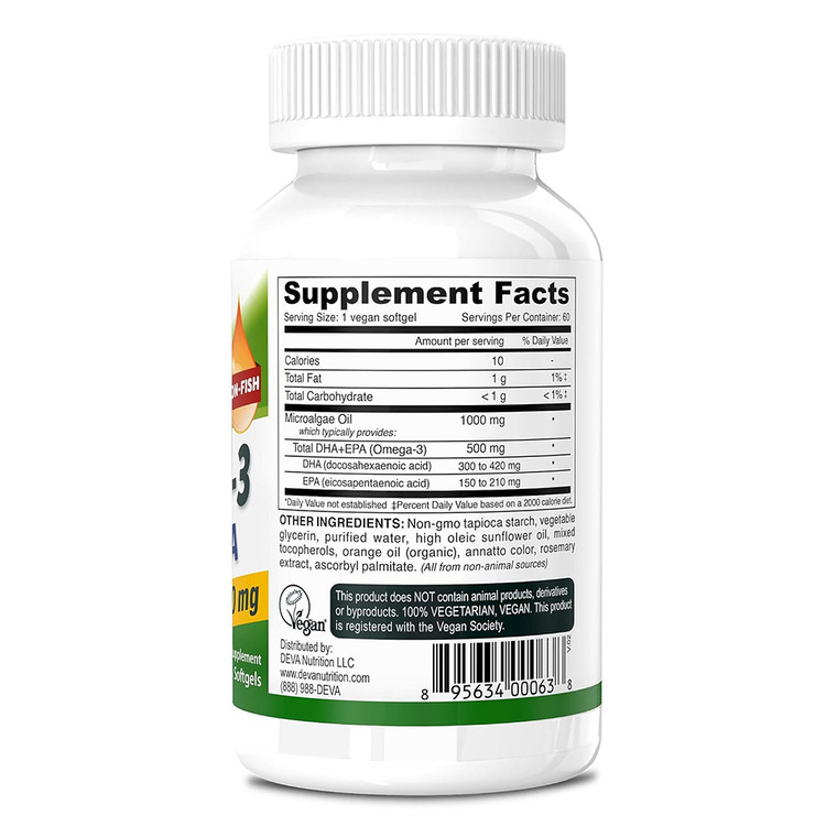 Deva Vegan DHA EPA 500 Mg Potency Carrageenan-Free Softgels Heart and Brain Health Formula 60Ea