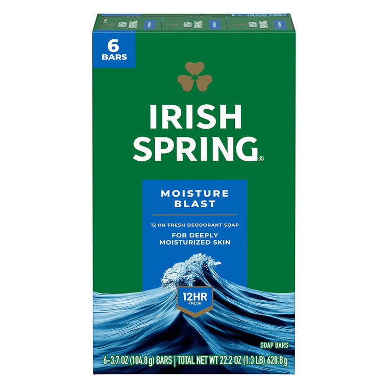 Irish Spring Moisture Blast Deodorant Bar Soap for Deeply Moisturized Skin 3.7Oz (104.8g) 6Ea