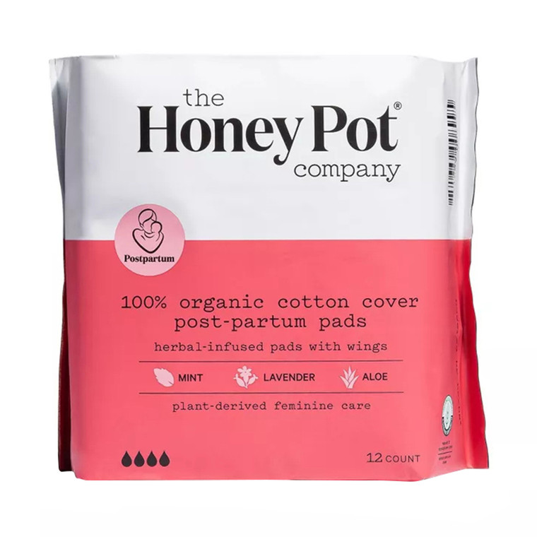 The Honey Pot Company Herbal Post Partum Pads with Wings, Organic Cotton Cover, 12ct