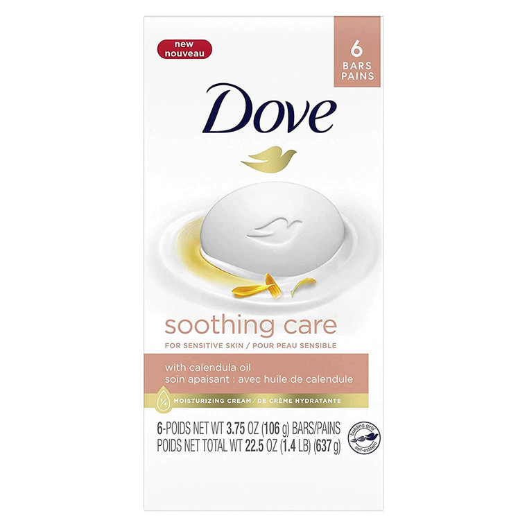 Dove Soothing Care Moisturizing Beauty Bar with Calendula Oil for Sensitive Skin Hydrates and Replenishes 3.75Oz (106g) 6Ea