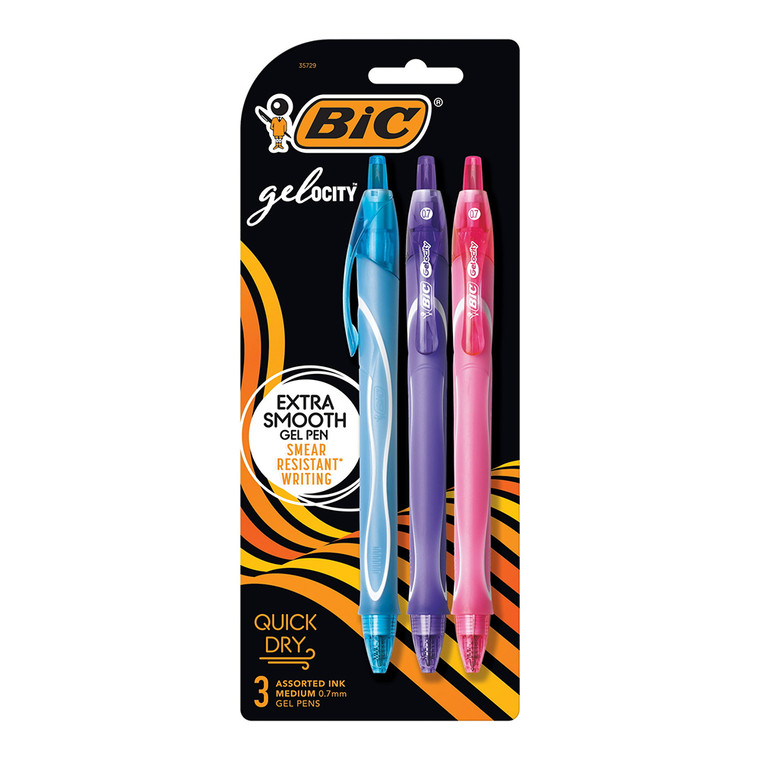 Bic Gelocity Quick Dry Retractable Gel Pen, Medium Point 0.7 mm, Assorted Colors, 3 Ct