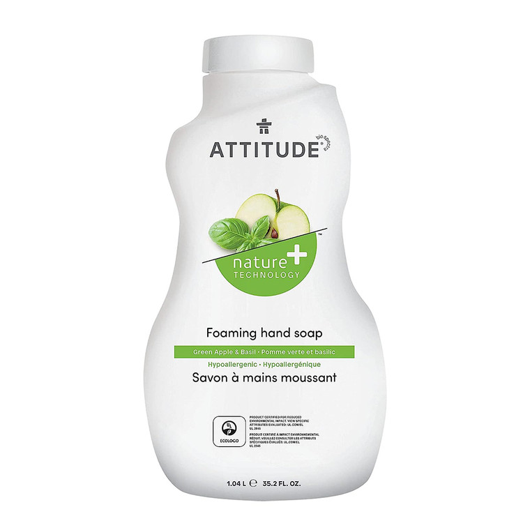 Attitude Hypoallergenic Foaming Hand Soap Refill, Green Apple And Basil, 35.2 Oz