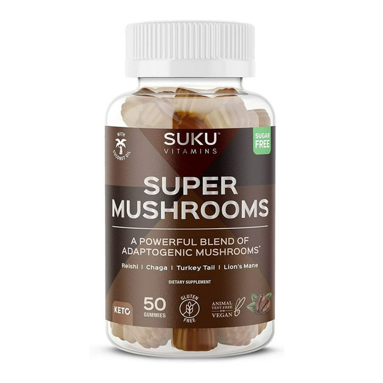 Suku Vitamins Super Mushroom Reishi Chaga, Turkey Tail And Lions Mane Blend Gummies for Immunity, 50 Ct