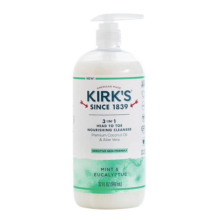 Kirks 3 in 1 Castile Liquid Soap Head to Toe Cleanser, Mint And Eucalyptus Scent, 32 Oz
