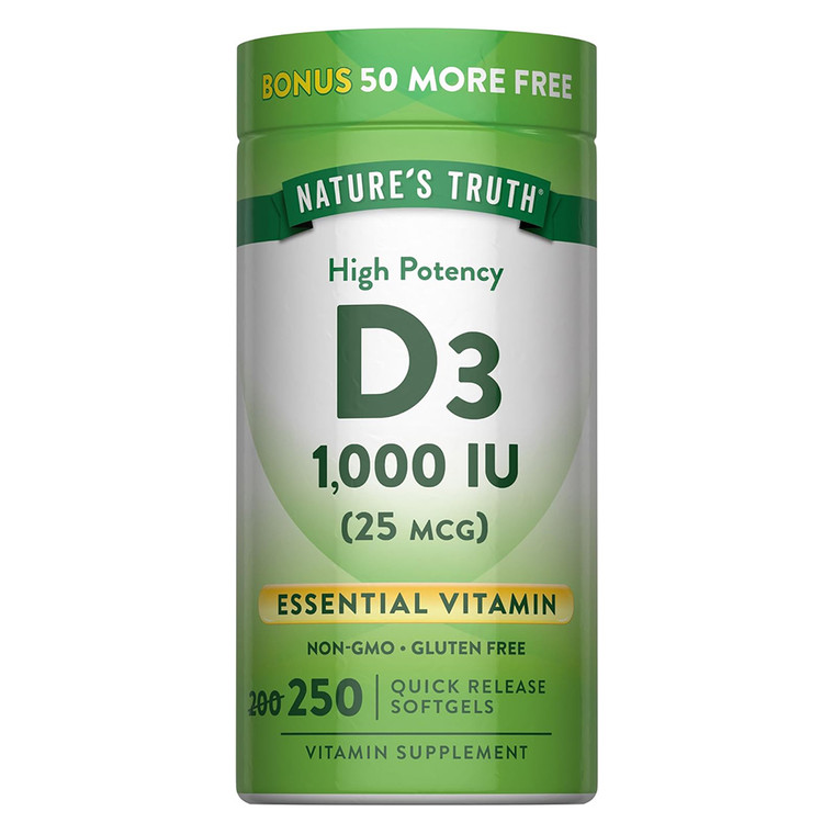 Natures Truth Vitamins High Potency D3 1000 IU Vitamin Supplement Softgels Support Immune Health 250Ea