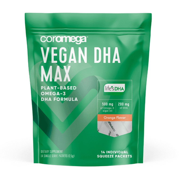 Coromega Vegan Max DHA, Omega 3 Algal Oil, Immune And Brain Health, Orange Flavor, 14 Ea