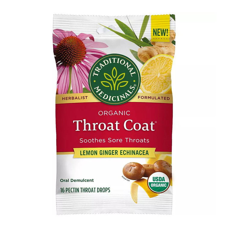 Traditional Medicinals Organic Throat Coat Drops, Lemon Ginger Echinacea, 16 Ea