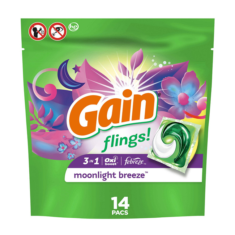 Gain Flings Moonlight Breeze Laundry Detergent Pacs, 14 Ea