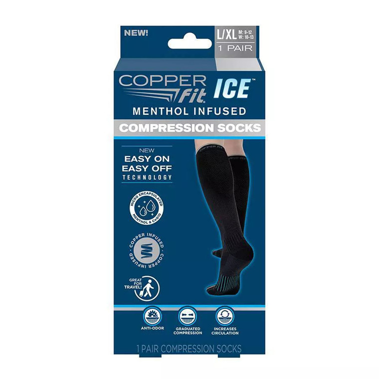 Copper Fit womens Ice Menthol Infused Compression Socks, Black, Large X, 1 Pair