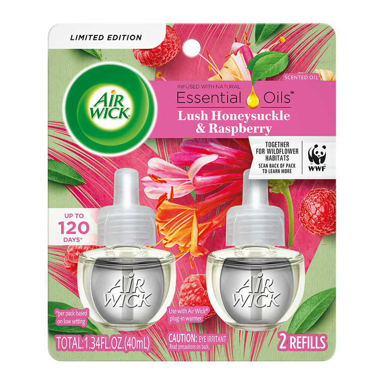 Air Wick Plug in Scented Oil 2 Refills Lush Honeysuckle And Raspberry, Essential Oils Air Freshener, 1 Ea