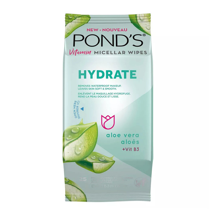 Ponds Vitamin Micellar Hydrate Facial Wipes, Vitamin B3 And Aloe Vera, 25 Ea