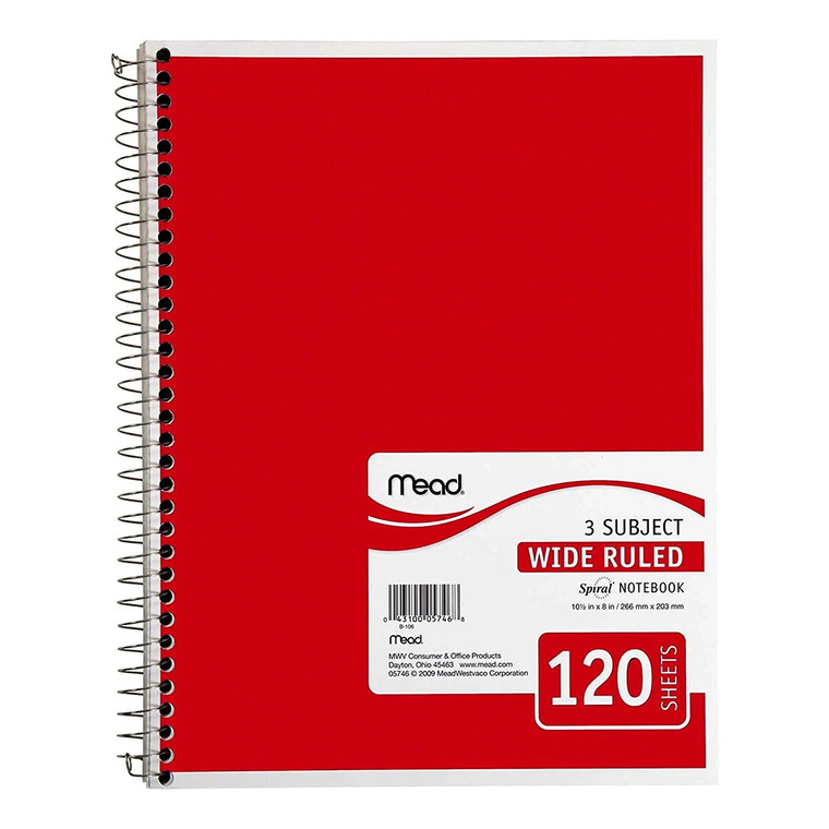 Mead 3 Subject Wide Ruled Notebook, 120 Sheets, 1 Ea