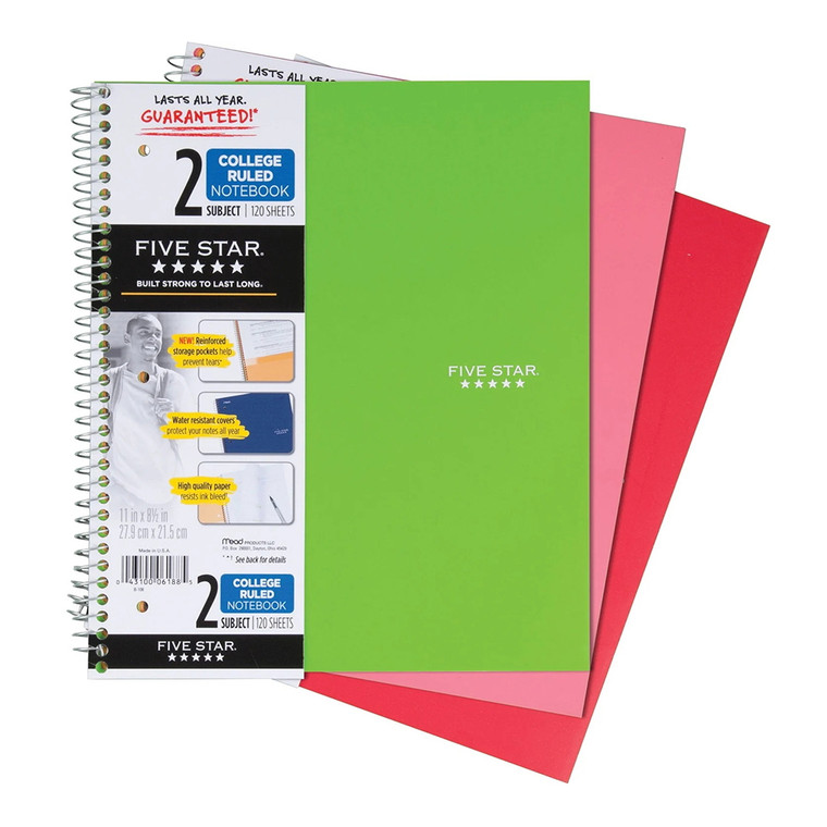 Mead Five Star 2 Subject College Ruled Notebook, 120 Sheets, Assorted Colors, 1 Ea
