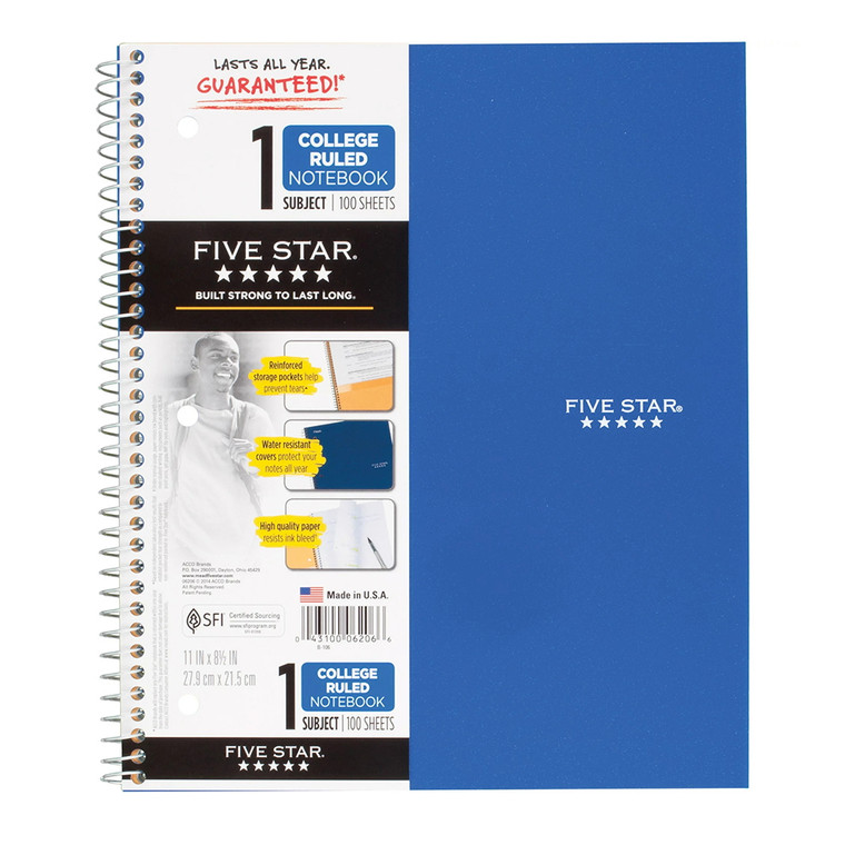 Mead Five Star 1 Subject College Ruled Notebook, 100 Sheets, Assorted Colors, 1 Ea