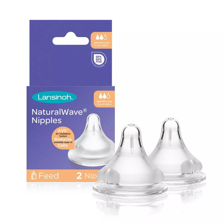 Lansinoh NaturalWave Baby Bottle Nipples, Medium Flow, 2 Ea