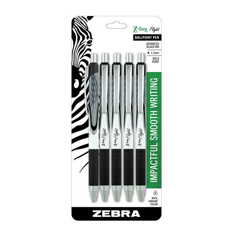 Zebra Pen Z-Grip Flight Retractable Ballpoint Pen, 1.2mm, Black Ink, 5 Ea