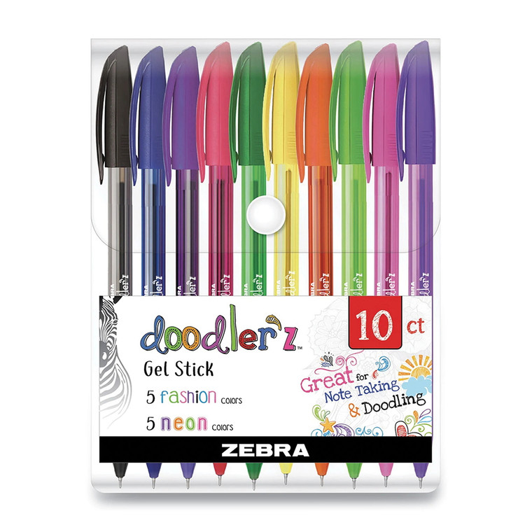 Zebra Pen Doodlerz Gel Stick Pen, Bold Point, 1.0mm, Assorted Neon Colors, 10 Ea