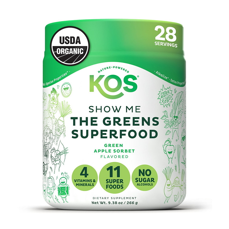Kos Amazing Tasting Alkalizing Green Superfood Powder, Green Apple Sorbet Flavor, 9.38 Oz