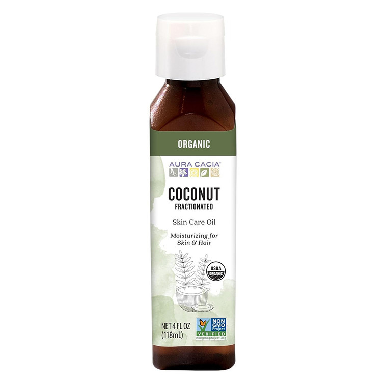 Aura Cacia Organic Coconut Fractionated Skin Care Oil Moisturizing Blend 4Oz (118ml)