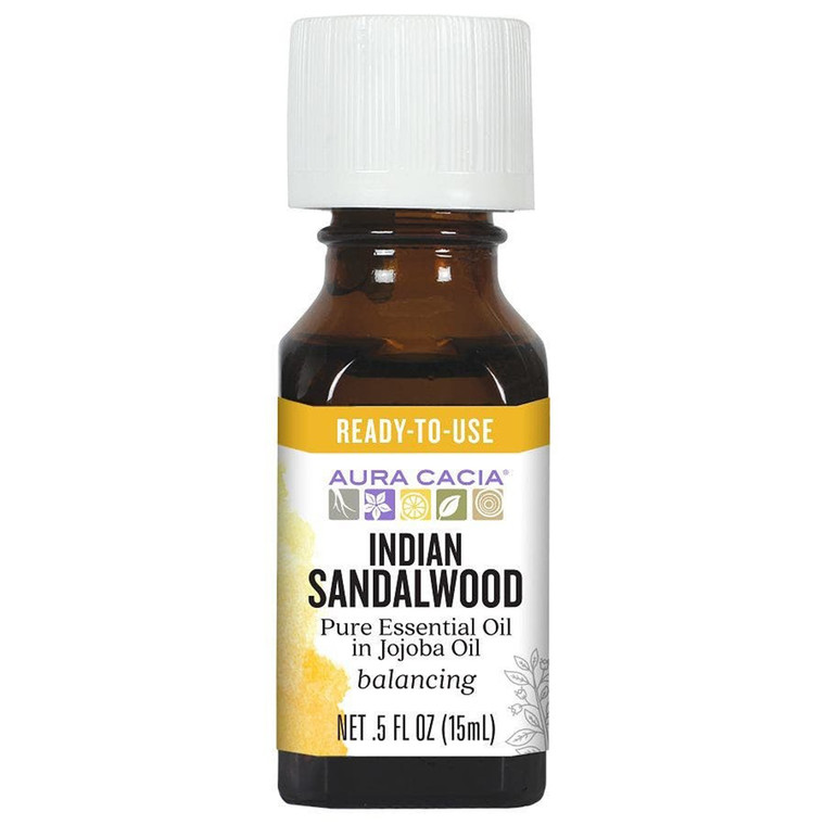 Aura Cacia Indian Sandalwood Pure Essential Oil in Jojoba Oil Aromatherapy Formula 0.5Oz (15ml)