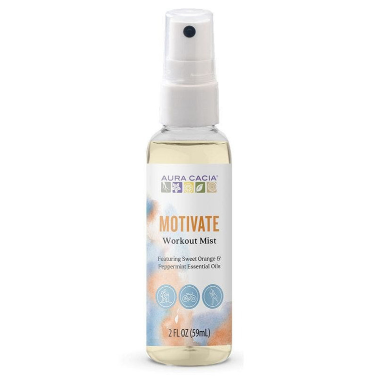 Aura Cacia Motivate Workout Mist Sweet Orange Peppermint Essential Oil Energizing Spray Formula 2Oz (59ml)