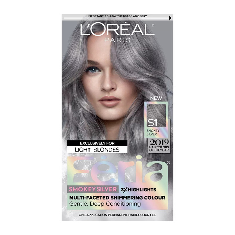 LOreal Paris Feria Multi-Faceted Shimmering Permanent Hair Color, S1 Smokey Silver, 1 Ea