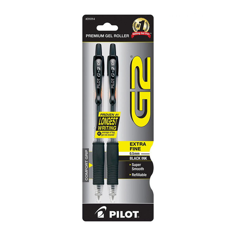 Pilot G2 Premium Gel Roller Pens, Extra Fine Point 0.5 mm, Black Ink, 2 Ea