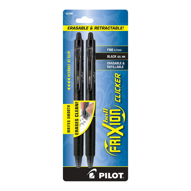 Pilot FriXion Clicker Erasable and Retractable Gel Ink Pens, Fine Point 0.7 mm, Black Ink, 2 Ea