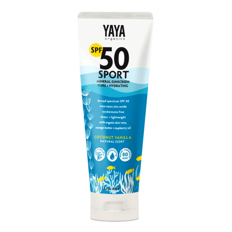 Yaya Organics Sport Mineral Sunscreen Lotion, Coconut Vanilla, SPF 50, 3 Oz