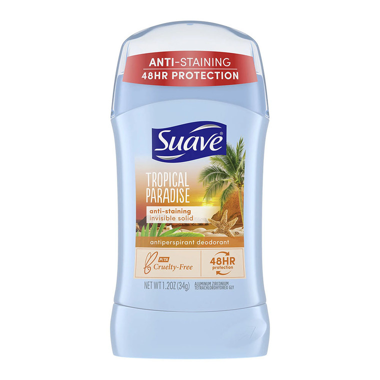 Suave Tropical Paradise Invisible Solid Antiperspirant Deodorant, 48 Hour Protection, 1.2 Oz