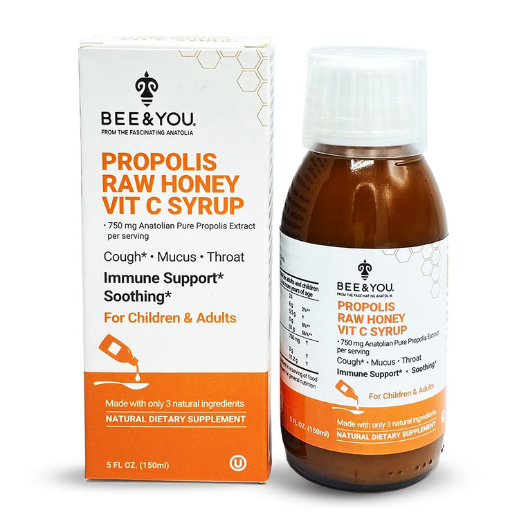 Bee and You Propolis Raw Honey and Vitamin C Syrup for Cough, Mucus and Throat, 5 Oz