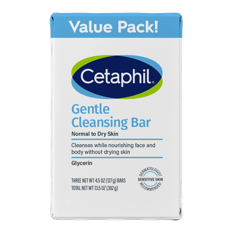 Cetaphil Gentle Cleansing Bar Soap Nourishing Face and Body Normal to Dry Sensitive Skin 4.5Oz (127g), 3Ea