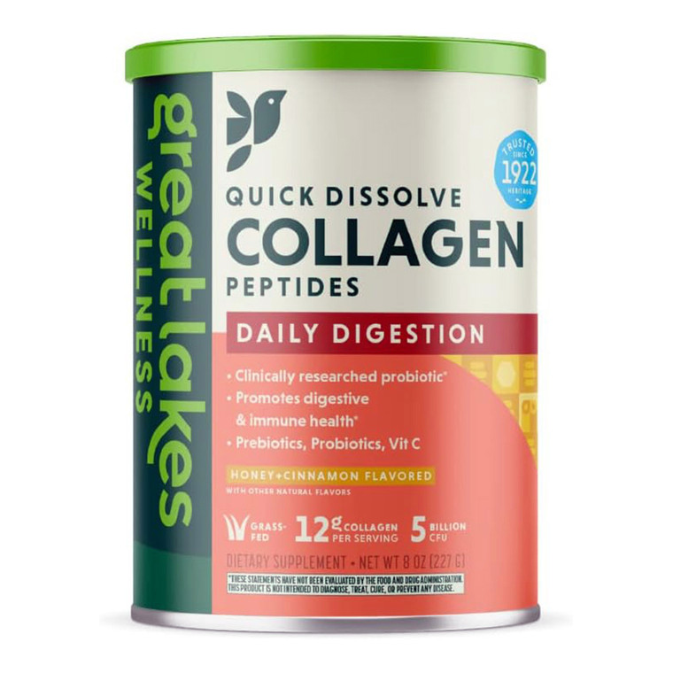 Great Lakes Wellness Daily Digestion Collagen Peptides, Honey and Cinnamon, 8 Oz